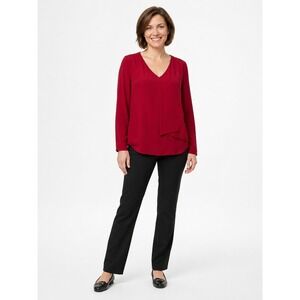 Karen Kane Red V-Neck Asymmetric Layered Front Blouse Long Sleeve XS Made in USA